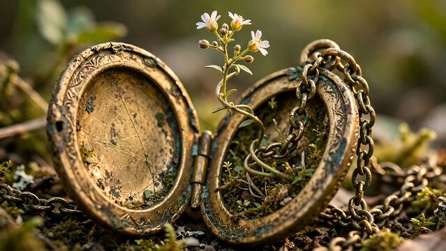 Delicate wildflower growing from inside an open antique gold locket resting on moss