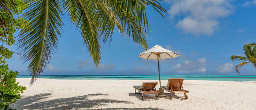 Romantic tropical beach parasol sunbeds coconut palms turquoise ocean powder white sand paradise. Perfect summer vacation travel landscape resort. Luxury couples honeymoon relax leisure scenic getaway