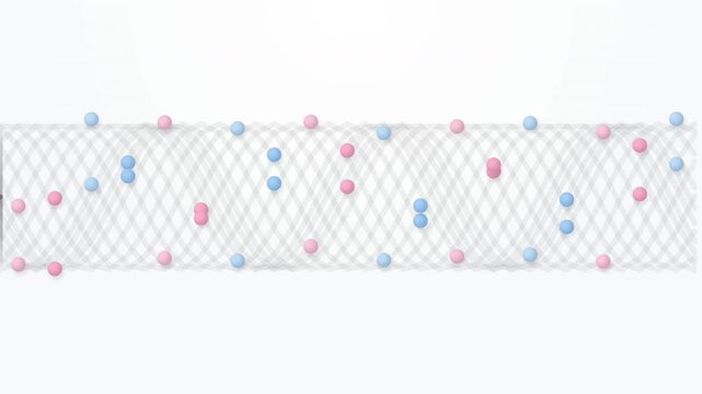 3D animation of pink and blue spheres falling in a symmetrical pattern against a white geometric background