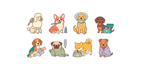 Fototapeta premium Cute dog grooming and veterinary care set featuring teeth brushing hygiene medical cone towel and health checkup vectors.
