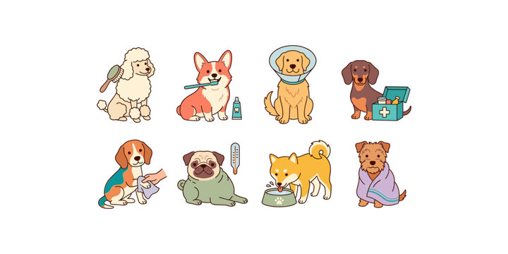 Cute dog grooming and veterinary care set featuring teeth brushing hygiene medical cone towel and health checkup vectors.