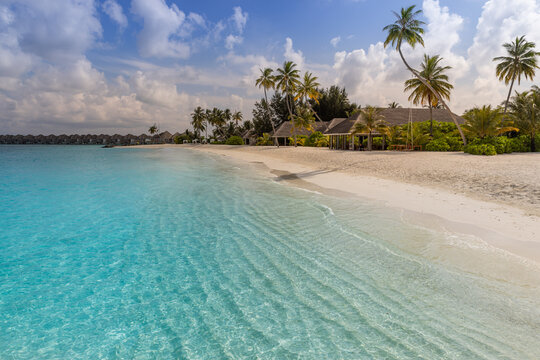 Idyllic sunrise tropical beach. Luxury destination palm trees turquoise lagoon powder white sand paradise coast. Perfect summer vacation travel landscape. Exotic relax leisure scenic getaway backdrop