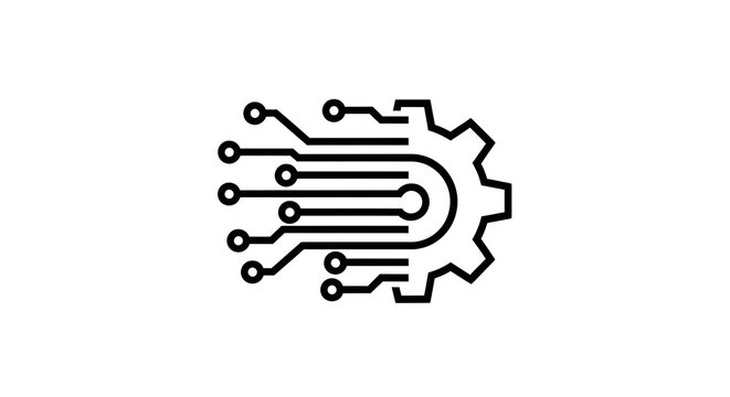 Minimalist vector icon of a gear integrated with circuit board lines for technology and engineering concepts