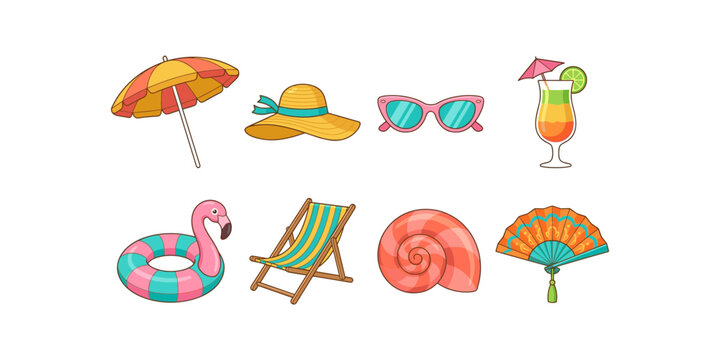 Colorful summer vacation vector collection featuring beach umbrella, hat, sunglasses, cocktail, flamingo float, chair, seashell, and fan