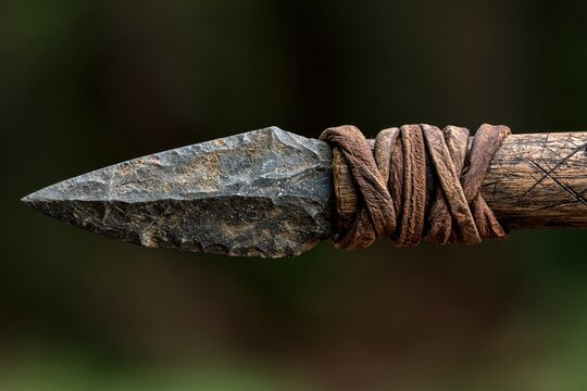Primitive stone spearhead tied with leather cord macro close up