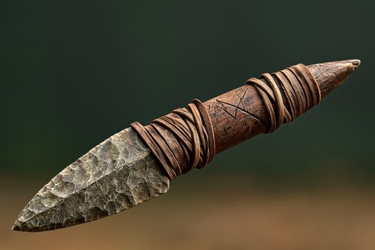 Primitive stone dagger blade weapon with leather handle historic artifact