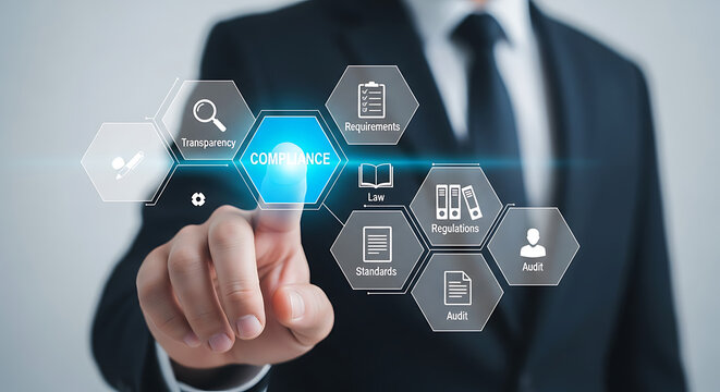 Business person touching compliance interface with icons for law, regulations, audit, and standards