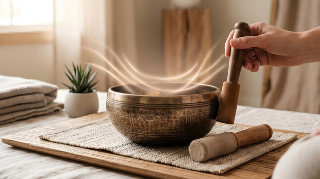Hand playing Tibetan singing bowl for sound healing