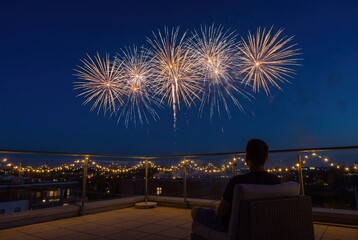 Fototapeta premium Man watching fireworks from rooftop terrace with city night lights