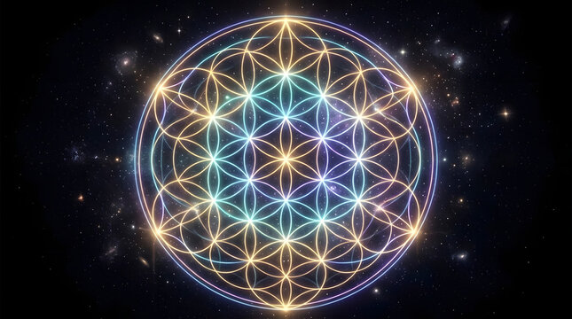 Glowing Flower of Life sacred geometry symbol on dark cosmic background, spiritual energy concept