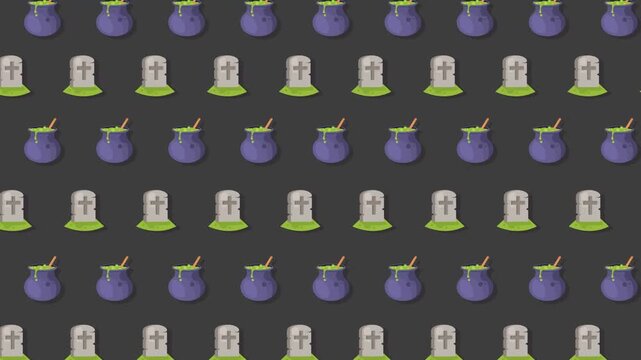 Seamless Pattern with Halloween Gravestones and Cauldron on Dark Background.