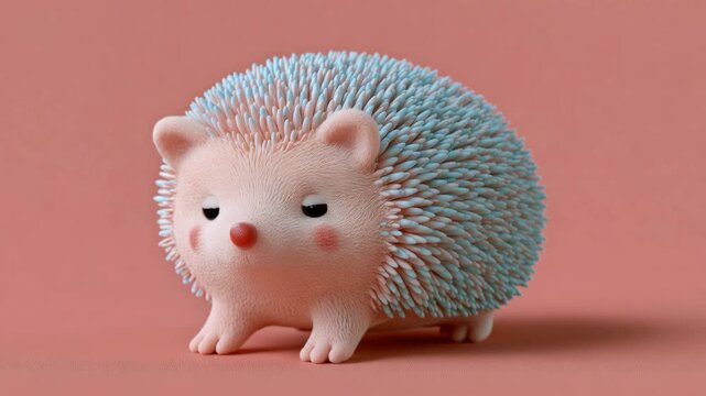 Cute pastel pink hedgehog with soft blue spines on pink background, adorable whimsical 3D animal character with kawaii design and playful cheerful appearance