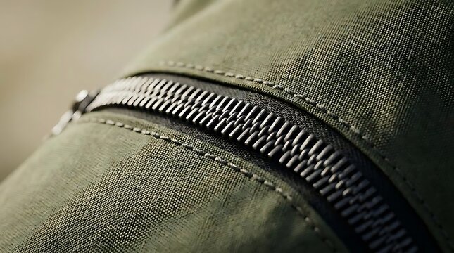 Macro close-up detail of a high-quality green textile backpack1 material showing heavy-duty metallic zipper teeth and precise stitching construction