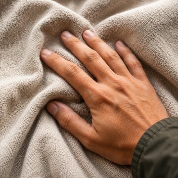 Close-up of a hand touching soft beige fabric with textured surface