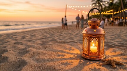 Fototapeta premium Glowing copper lantern casting patterned shadows on a sandy beach during sunset holiday celebrations.
