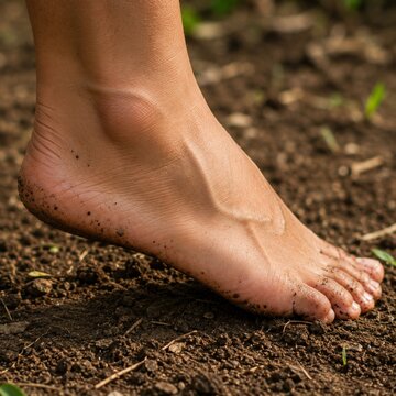 Close-up of a bare human foot with dirt on toes and heel stepping on soil outdoors