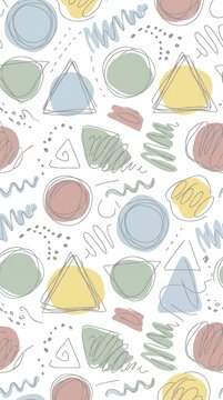 Abstract hand drawn geometric seamless pattern with pastel circles triangles and scribbles