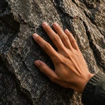 Human hand touching rough textured rock surface in natural light