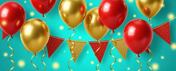 Fototapeta premium Glossy red, metallic gold balloons float against bright turquoise backdrop. Festive triangular pennant banners hang below decorative party accessories. Vibrant birthday celebration background