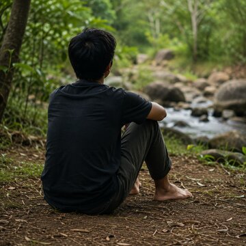 Man sitting barefoot on the ground near a rocky stream in a green forest