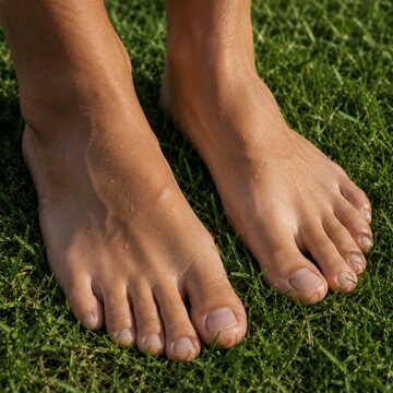 Close-up of bare feet with water droplets standing on green grass outdoors