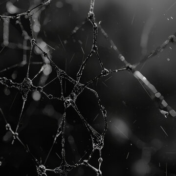 Monochrome view of intricate beaded lines forming a web-like network, against a dark background with soft bokeh and subtle light streaks