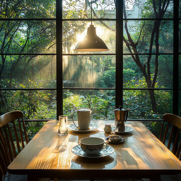 Morning light streams through a window, bathing a table set for coffee, with dense green foliage and sunbeams outside