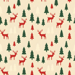 Obraz premium Vintage Christmas seamless pattern with cute reindeers, pine trees, and snowflakes on cream background