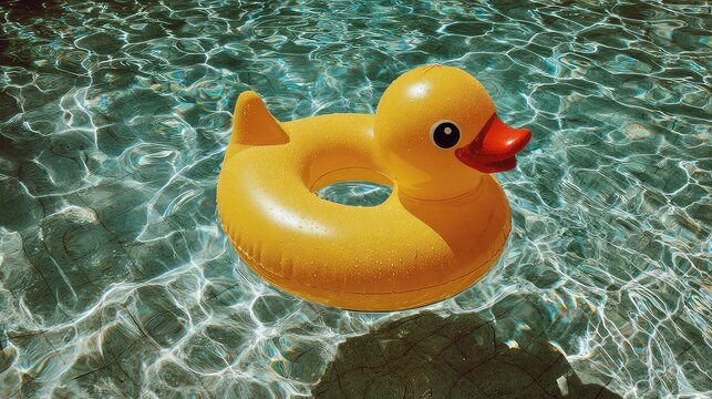 Bright Yellow Duck Shaped Floating Ring in Clear Blue Water