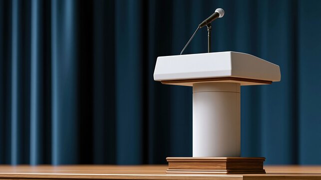 Empty podium with microphone on stage with blue curtains, ready for presentation or speech
