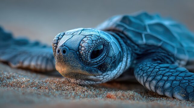 Newborn Turtle with Expressive Eyes on a Soft Sandy Shore