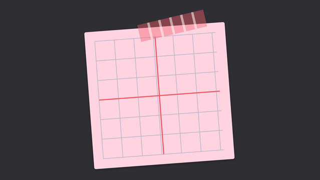 Pink square sticky note with a grid and red axis... isolated on a transparent background d