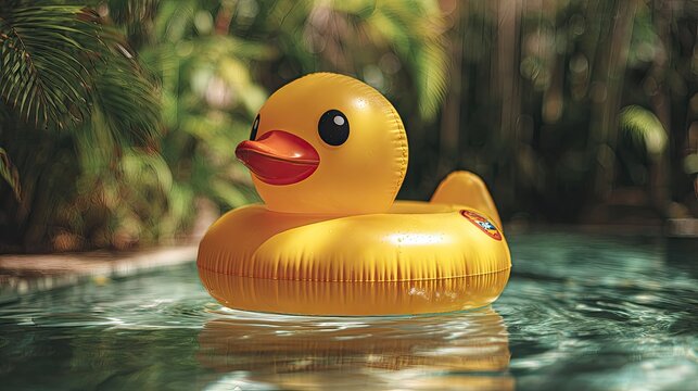 Yellow Duck Float Drifting in Tropical Pool Water on Sunny Day