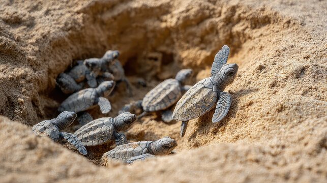 Tiny Turtles Emerging from Nest on Sandy Beach at Wildlife Conservation