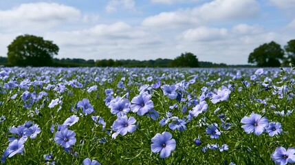 Naklejka premium A vast field of blue flax flowers swaying gently under a bright sky with scattered clouds and distant green trees