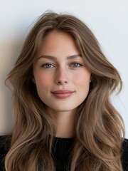 Fototapeta premium Portrait of a young, beautiful woman with flowing brown hair and blue eyes, soft natural light, studio backdrop