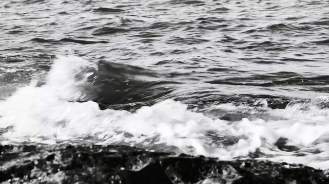 A serene coastline with waves crashing against the shore
