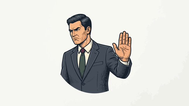 Sleek Vintage Style Businessman with Stopping Hand Gesture in Dark Suit and Green Tie with high quality professional line art symbols for modern creative design and digital branding projects