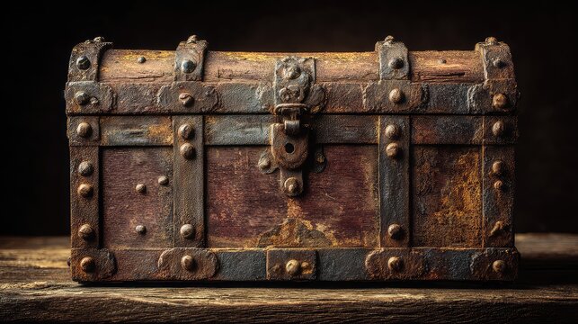 Weathered Metal Treasure Chest with Iron Finishes on Rustic Wood