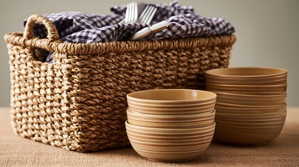 Obraz premium Woven basket holds folded checkered cloth and utensils beside stacks of ceramic bowls on textured surface