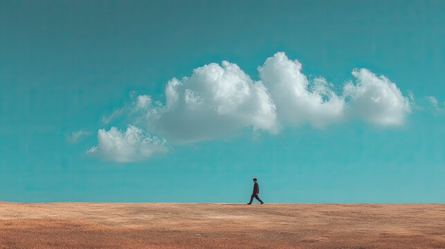 Confident Walker on Open Plain Under Dramatic Sky and Clouds