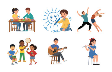 Set of cartoon children characters engaged in various creative hobbies and artistic activities at school