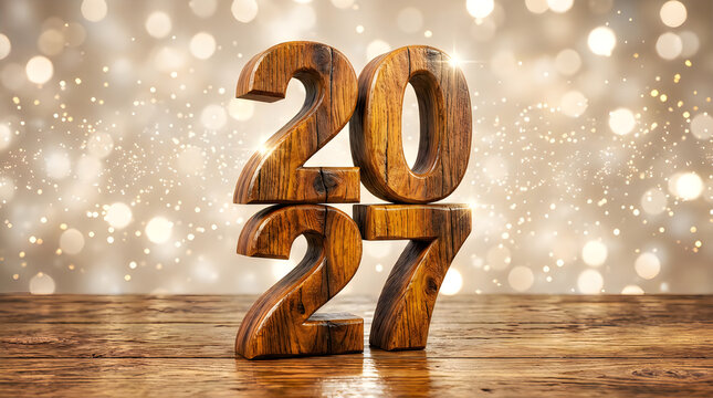 Wooden numbers 2027 standing on a rustic table against a glowing golden bokeh light background