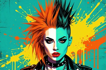 Obraz premium Cool punk girl with mohawk hairstyle wears leather jacket, metal collar. Bright yellow, orange paint splashes decorate background. Trendy artistic portrait of rebellious female character for music