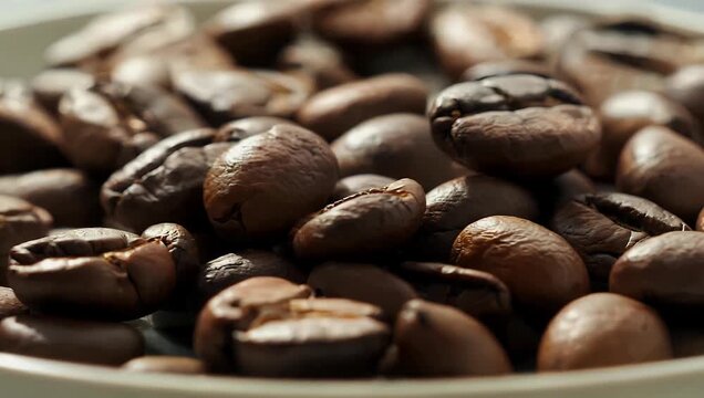 Detailed 4K stock video capturing the monochromatic brown texture of whole coffee beans filmed with natural lighting in real time featuring a smooth pan over the surface of aromatic coffee