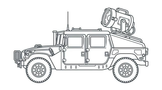 Military Humvee Vehicle Line Drawing Illustration.