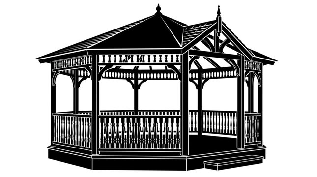 Ornate wooden gazebo with intricate lattice design.