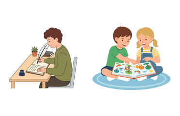 Illustration of a student writing with a quill and children reading an illustrated storybook together