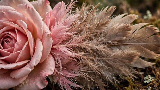 Pink rose petals gradually transitioning into soft feathers along a natural gradient
