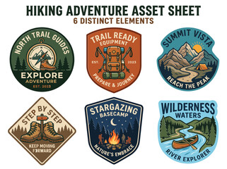 Naklejka premium Set of six vintage style outdoor hiking and adventure badges with mountain and nature themes.